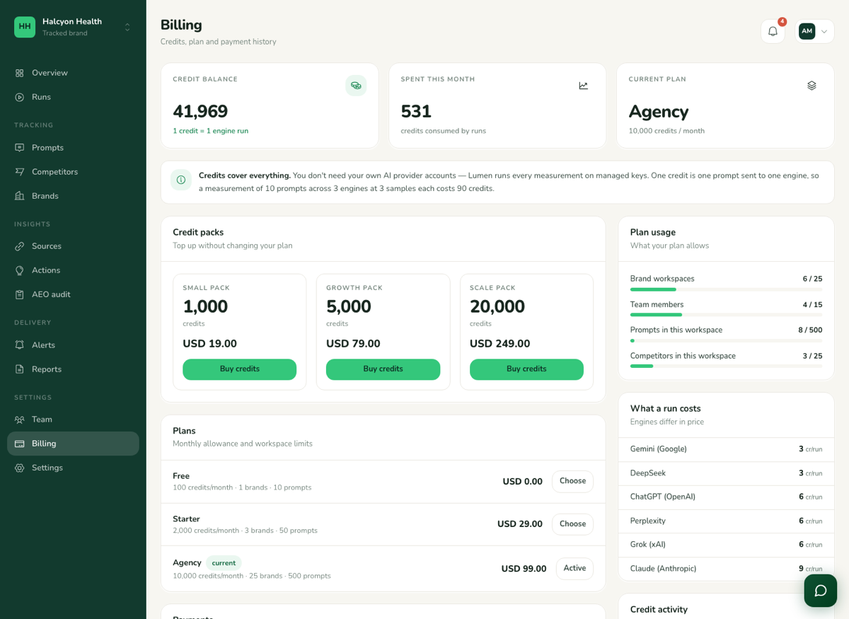 Workspace billing, credit balance and plan usage